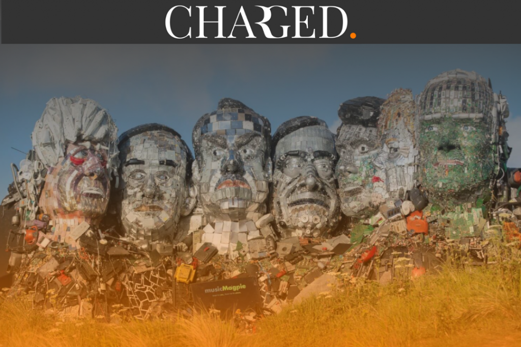 MusicMagpie has taken aim at the leaders of the G7 by erecting a sculture of their heads made entirely of used electronics.