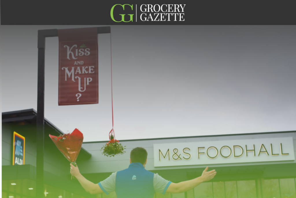 Christmas mistletoe between a M&S store and Aldi branch
