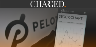 Peloton Stock price in front of company logo