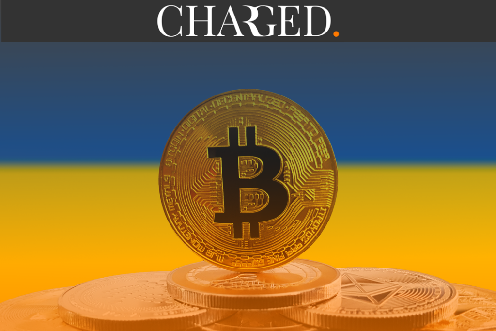 Bitcoin in front of Ukraine flag