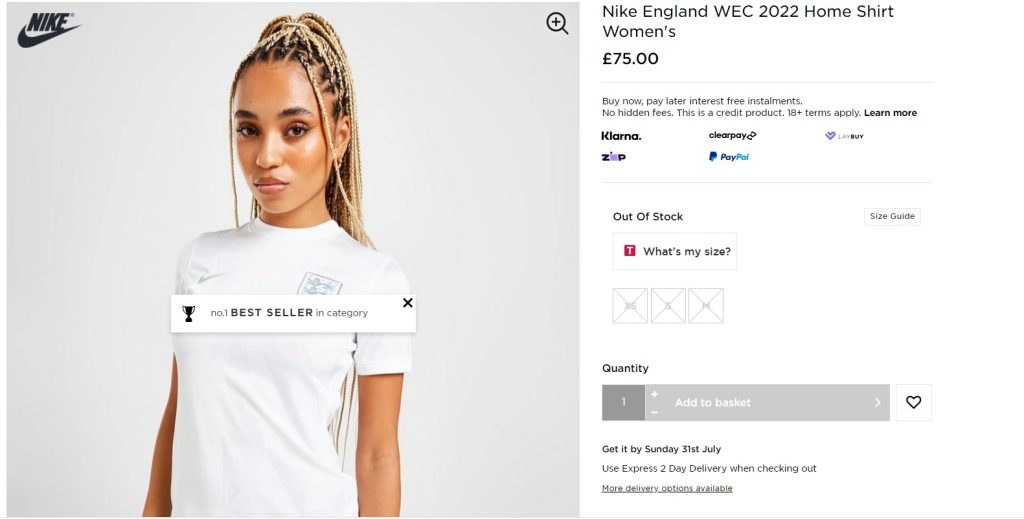 JD Sports is one of many retailers running short of England's women's kits ahead of the Euros final