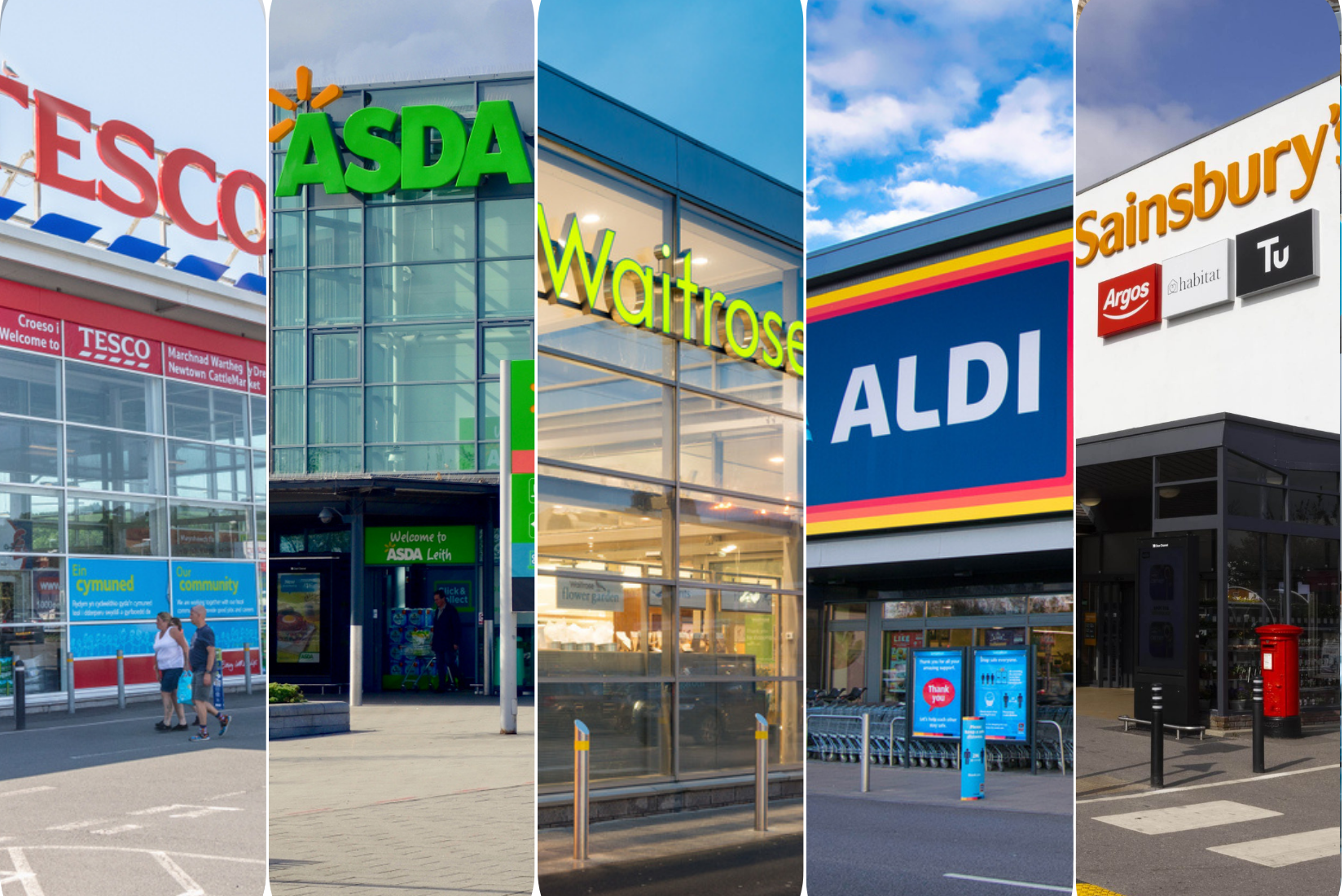 Here showing grocery supermarkets Tesco Asda Waitrose Aldi and Sainsbury's