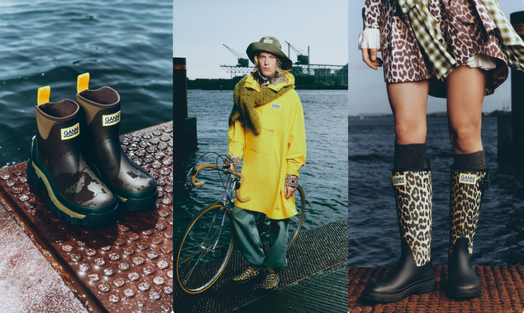 GANNI and Hunter have launched their first limited-edition collaboration, combining Hunter’s British heritage in weather-ready design with GANNI’s Copenhagen aesthetic.
