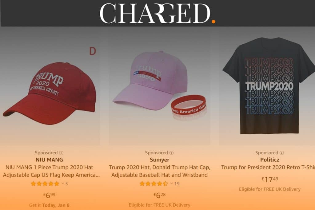 Amazon has been found to be selling a range of politically sponsored products on its website despite prohibiting any sponsored content promoting 2020 campaigns or political parties.
