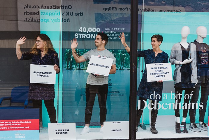 Debenhams participated in a Help for Heroes "40,000 strong" campaign by featuring ‘live’ mannequins in its window displays - including veteran amputees and fashion influencers. The live mannequins included five veterans and family members who have been supported by Help for Heroes